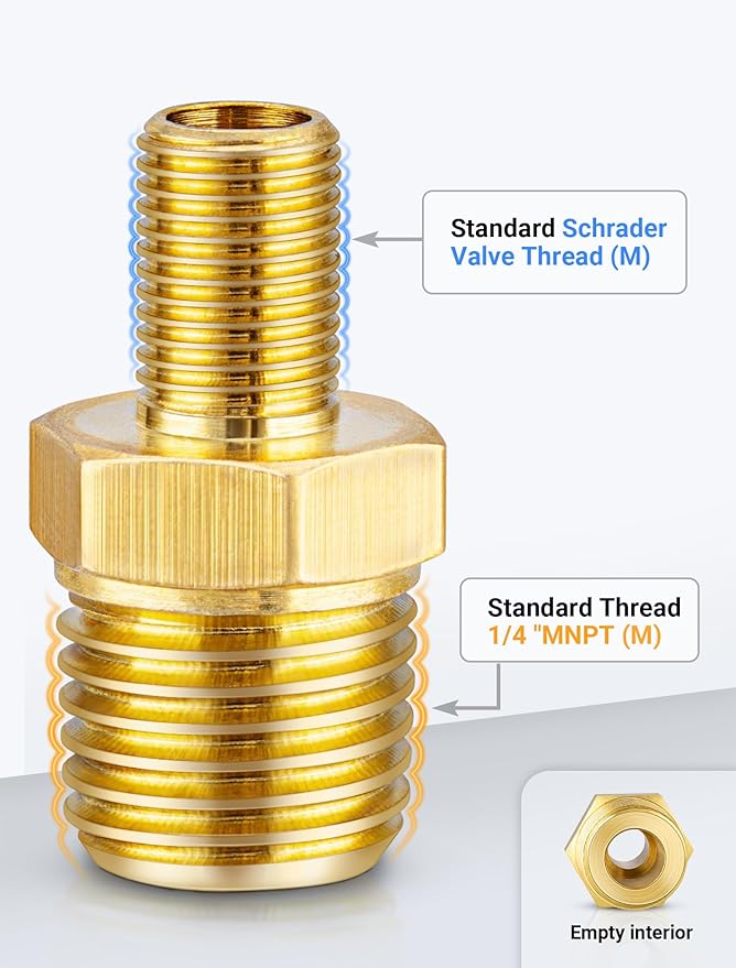 EVOULTES Brass Air Inflator Adapter, 1/4" NPT (M) to Standard Schrader Valve (M), Tire Inflator Connector for Auto Portable Air Compressor/Pump, Air Hose, Air Chuck (2 Packs)