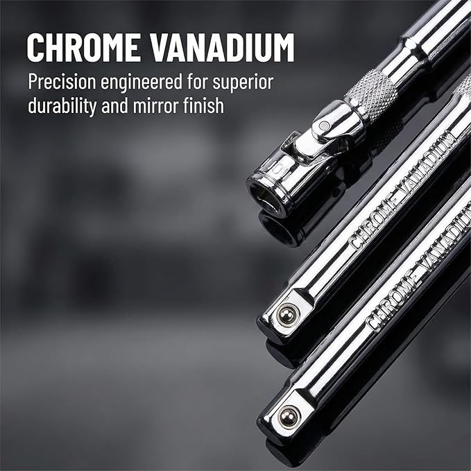 EMSTAR 4PCS 1/4" Drive Socket Extension Set, 2", 4", 6" (50mm, 100mm, 150mm) Bars with Universal Joint, Premium Cr-V Steel