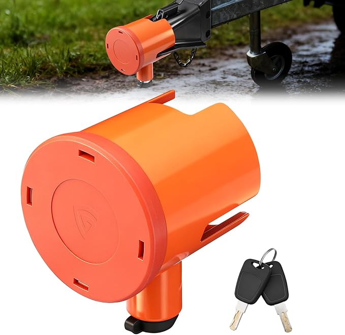 RV Trailer Hitch Lock, Solid Steel Anti-Theft Coupler Lock for 2" & 2-5/16" Towing Hitch, Hard-to-Pry Weatherproof High-Visibility Orange Security for Camper & Boat Trailers (Rust-Resistant
