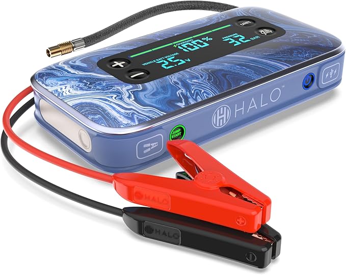 HALO Bolt Air+ 1750 Portable Car Battery Jump Starter | 130 PSI Air Compressor, 59.9Wh USB Power Bank, Large Display, Emergency Floodlight & Charger, Jumps Cars SUVs & Trucks, Inflates Tires — Blue