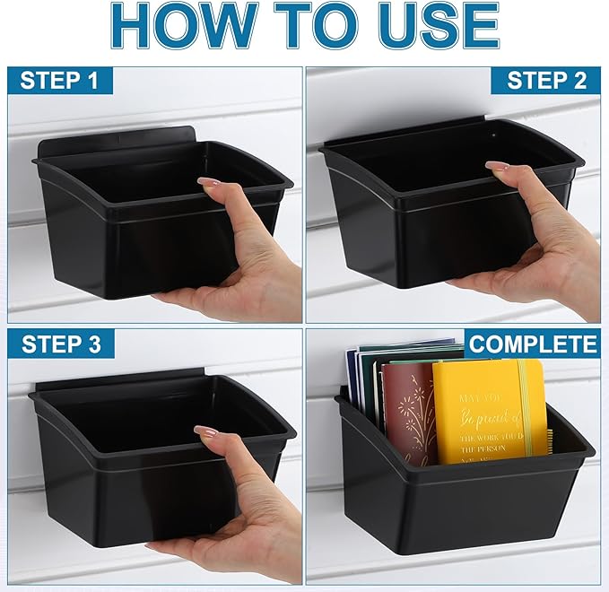 Mifoci 12 Pcs Storage Bins for PVC Slatwall Plastic Bin with Stickers Pens Slatwall Accessories for Organizing Hardware Craft Storage Tool Organizer Garage Craft Room Tool Shed(Black)