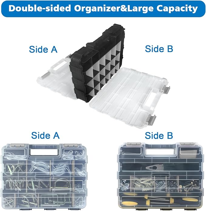 Double Side Tool Box Organizer, Hardware Storage Box, Portable Small Parts Organizer with Removable Plastic Dividers for Screws, Nuts, Nails, Bolts, Gray