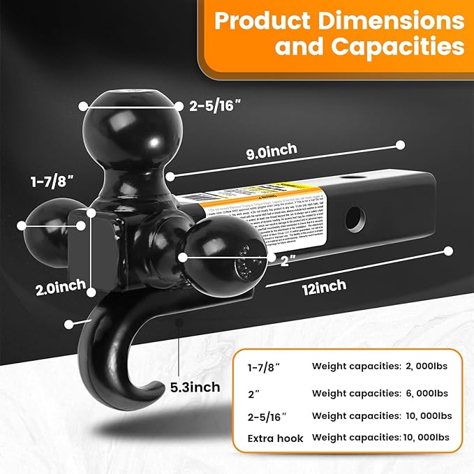 MaxxHaul Triple Ball Mount Hitch with Tow Hook, Fits 2" Receiver – 1-7/8", 2", 2-5/16" Welded Hitch Balls, Class III/IV, 10,000 lb GTW, Heavy-Duty Powder-Coated Steel – 50231