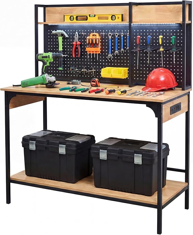 48" Heavy-Duty Garage Workbench with LED Light & Power Outlet, 1200LB Capacity Tool Table with Pegboard, Storage Shelves, USB & Type-C Ports for Woodworking Shop, Garage, Home