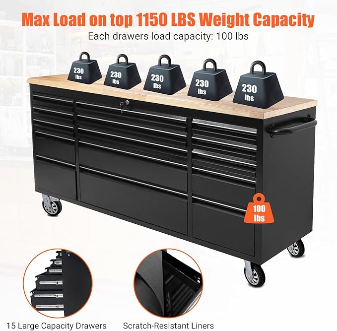 GarveeTech 72 Inch Heavy-Duty Rolling Tool Chest & Mobile Workbench with 15 Drawers, Rubber Wood Tabletop, Locking System, Drawer Liners and Wheels, Steel Storage Cabinet for Garage, Workshop, Black