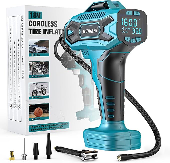 Tire Inflator Air Compressor Compatible with Makita 18V Battery, LIVOWALNY 160 PSI Cordless Portable Electric Air Pump 2026 Bigger LCD Digital Pressure Gauge for Car, Bike, Sport Ball (No Battery)