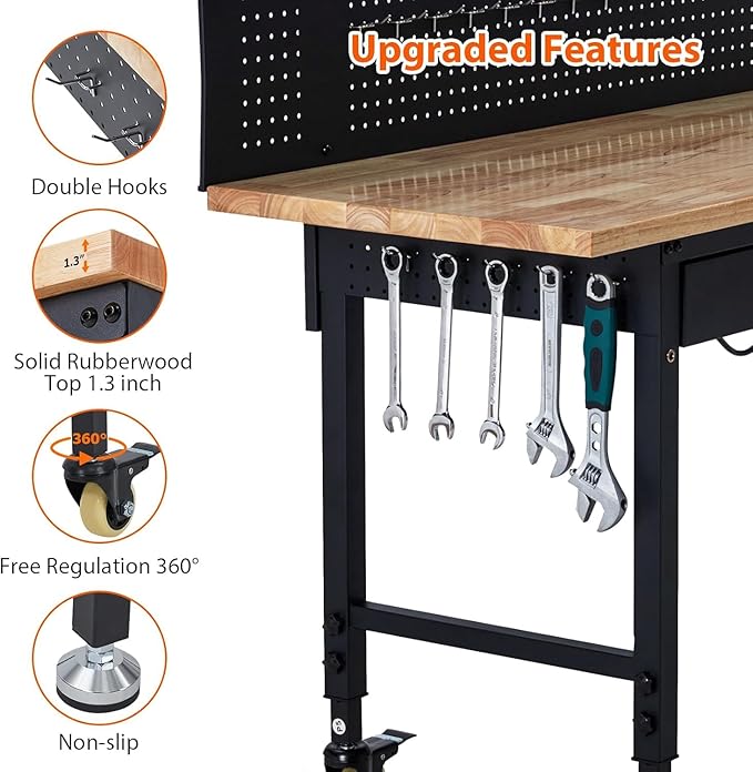 Workbench 60" x 22" Adjustable Height Worktable, Heavy Duty Rubber Wood Top, 2000 LBS Load Capacity, Tool Storage Workstation with Drawer, Pegboard, Power Outlets & Lockable Wheels