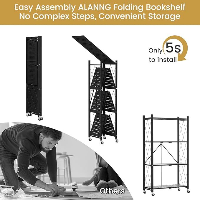 ALANNG Heavy Duty 4-Tier Folding Shelf with Wheels, No Tools Assembly Metal Storage Rack Cart, 264LBS Capacity for Kitchen, Pantry, Laundry Room, Garage, (Black, 1PACK)