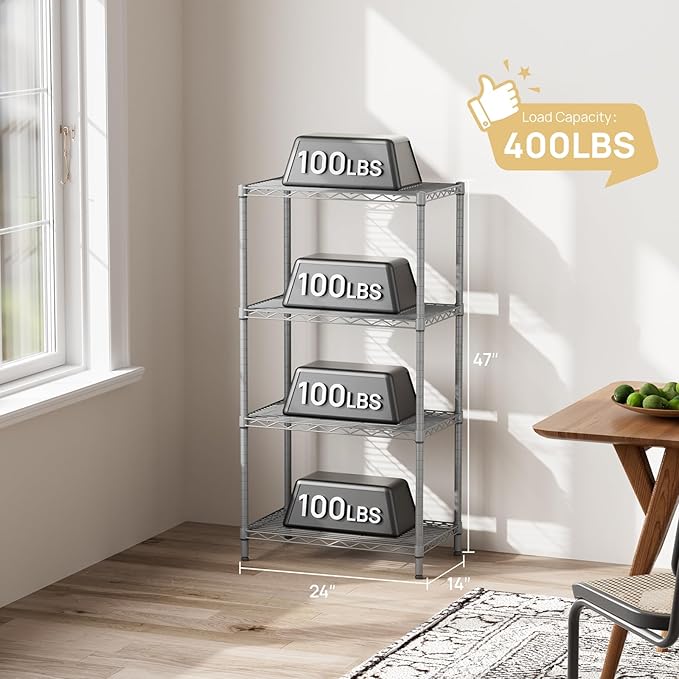 SINGAYE 4 Shelves Adjustable Storage Shelf Wire Shelving Rack Bathroom Standing Units Laundry Room Organization for Kitchen Office Bathroom Organizers Metal Pantry 14" D x 24" W x 48" H Gray