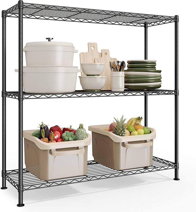 SONGMICS Storage Shelf, Metal Wire Shelving Unit, Adjustable Shelves, for Garage, Bedroom, Living Room, Kitchen, Pantry, 3 Tier, 11.8 x 35.4 x 35.4 Inches, Ink Black ULGR193BH01S