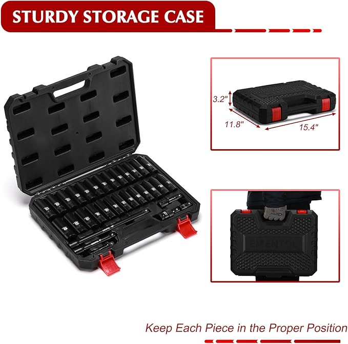 EMENTOL 32PCS 1/2" Drive Socket Set, Deep Impact Sockets, SAE(3/8"-1") and Metric(10-24mm), Including Extension Bars, Universal Joint, Drill&Socket Adapter, 12 Point Design, Cr-V Steel