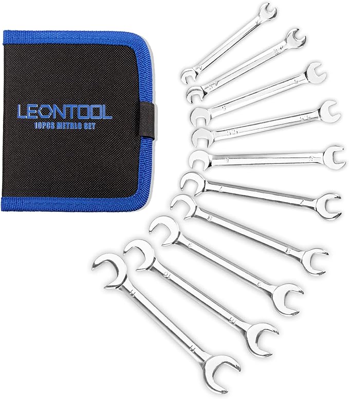 Mini Double Open End Wrench Set Metric 10 Pcs 4mm to 11mm with Portable Storage Pouches Mirror Chrome Finish Super Thin Open Ended Spanner Double Angle Head for Small Fasteners