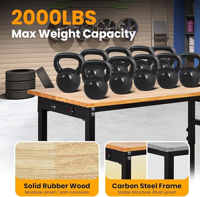 70" Heavy Duty Adjustable Workbench, 2000 LBS Capacity Sit Stand Workstation with Power Outlet, Pegboard & Wheels | Rubber Wood Top Garage Table with Stick-on Ruler