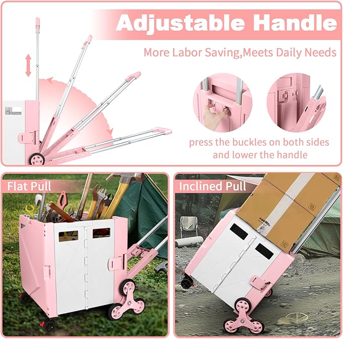 76L Folding Utility Cart Portable Rolling Crate Handcart Shopping Collapsible Tool Box with Stair Climbing Wheels,Hidden Lid,2 Rotate Wheels,for Grocery,Shopping,Office,Storage(Pink-White)