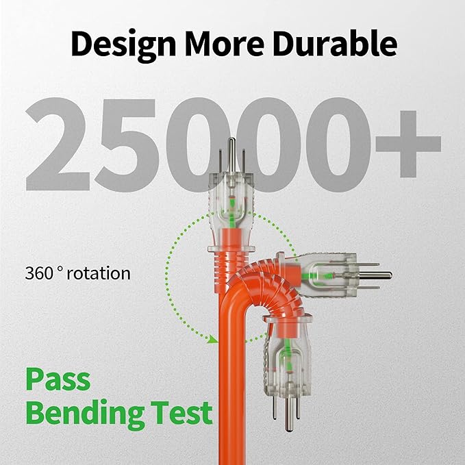POWGRN 10 ft 12/3 Outdoor Extension Cord Waterproof Heavy Duty with Lighted Indicator End 12 Gauge 3 Prong, Flexible Cold-Resistant Long Power Cord Outside, 15Amp 1875W SJTW Orange ETL Listed