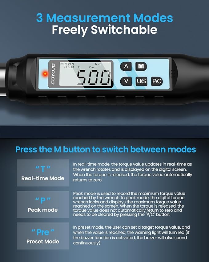 GOYOJO 3/4 Inch Digital Torque Wrench 11~369 ft-lb/15~500Nm, for Heavy Machinery, Construction Equipment & Industrial Assembly, with ±2% Accuracy, Vibration, Buzzer and LED Flash Notification