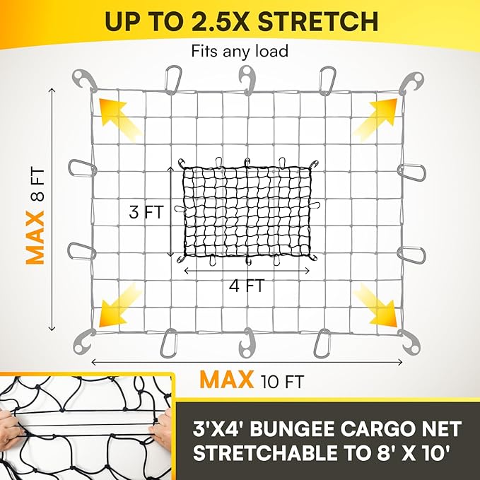 Heavy Duty 3'x4' Cargo Net - Stretches to 8'x10', 24 Clips, for Pickup Truck Bed, SUV, Trailer & Boat - Universal Fit for Ford, Chevy, Dodge Ram, Toyota