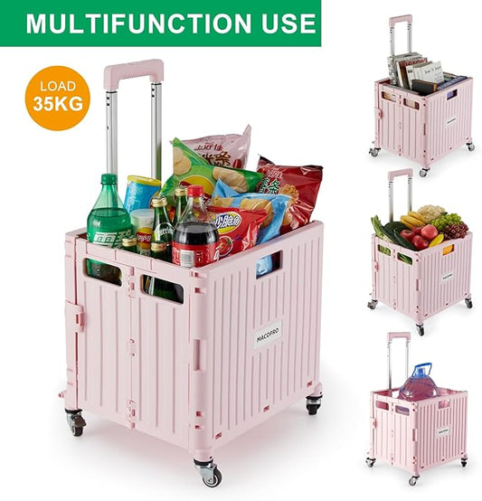 MACOPRO Folding Utility Cart Portable Rolling Crate Handcart Shopping Trolley Collapsible Tool Box, with Lid, Basket on 4 Rotate Wheels, for Grocery, Shopping, Office, Teacher (Pink)