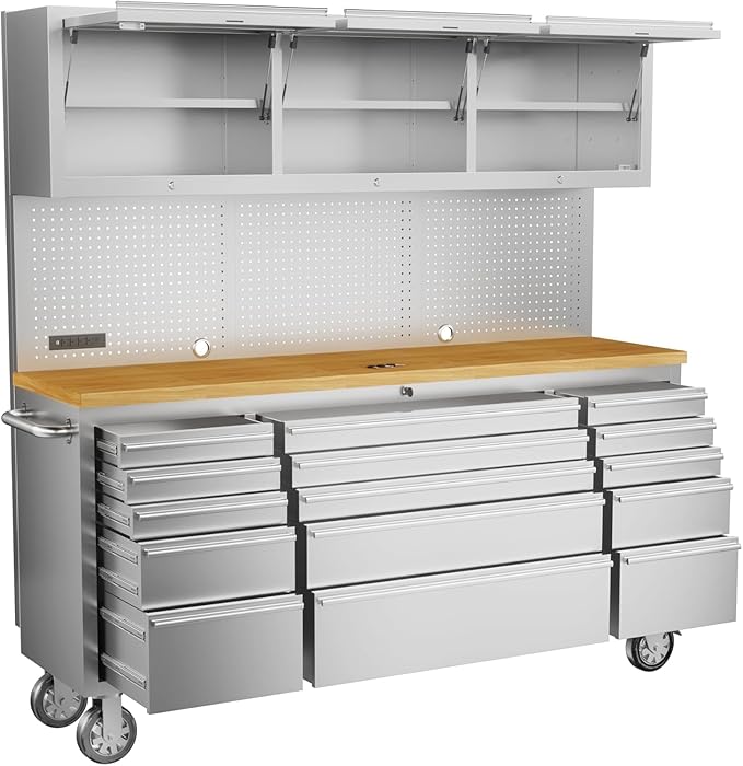 CHETTO C 72-inch Rolling Tool Chest Cabinet Mobile Workbench with 15 Storage Drawers and Wheels 3 Uper Cabinet Outlet SS Pegboard Stainless Steel Tool Box for Garage Warehouse