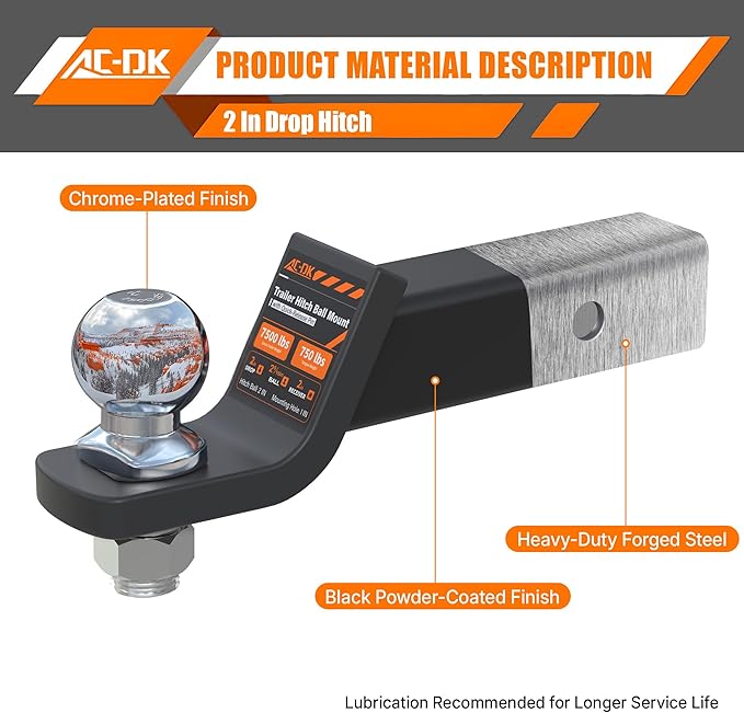 AC-DK Trailer Hitch Mount with 2-5/16-Inch Ball & Pin, Fits 2-Inch Receiver,2 inch Drop Hitch,7,500 lbs Capacity Ball Hitch, 750lbs TW
