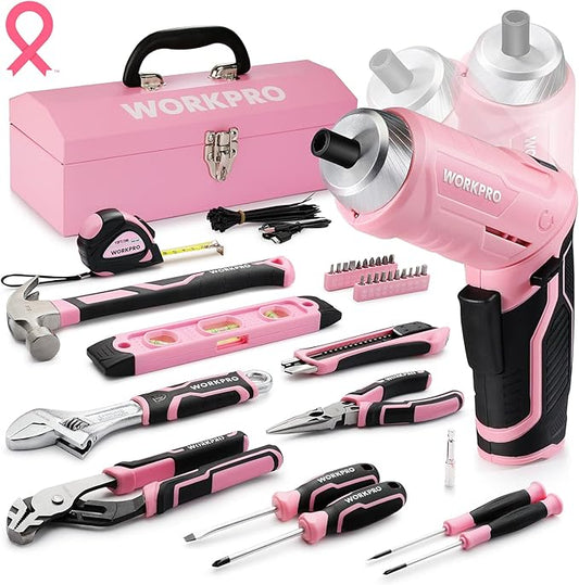 WORKPRO 75-Piece Pink Tools Set, 3.7V Rotatable Cordless Screwdriver and Household Tool Kit, Basic Tool Set with 13'' Portable Steel Tool Box for Home, Garage, Apartment, Dorm, New House - Pink Ribbon
