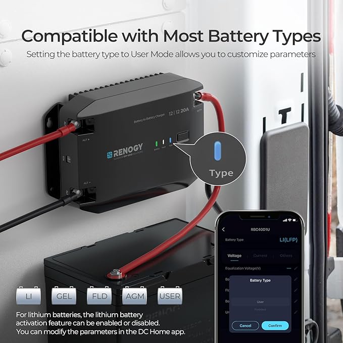 12V 20A DC-DC Battery Charger with LiFePO4 Activation, Waterproof Smart Battery Charger Compatibility with Flooded, Gel, AGM, and Lithium Batteries for RV Marine Truck All Weather