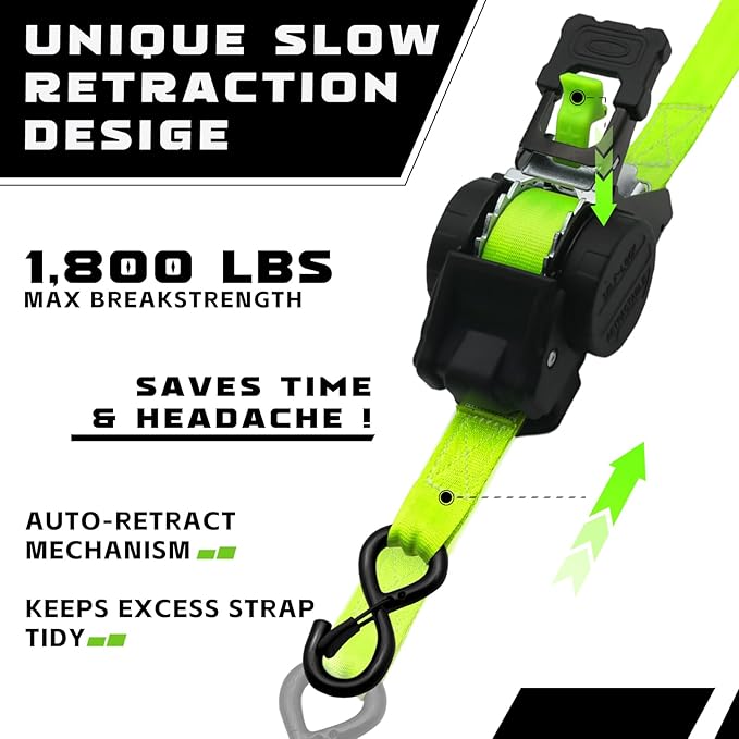 Retractable Ratchet Straps (2-Pack) - Heavy Duty Auto Slow Retraction Tie Down Straps - 1 Inch x 13 Feet (1,800lb Break Strength) for Truck, Cargo Trailer, Motorcycle, ATV, UTV - Green