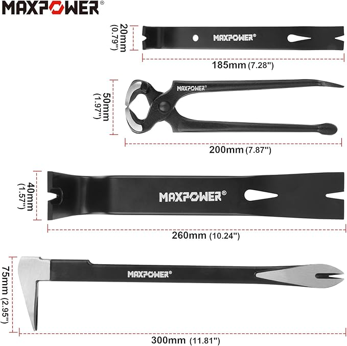 MAXPOWER 4-Pieces Pry Bar Set, 12-inch Utility Claw Pry Bar, 8-inch Nail Puller, 10-inch and 7-inch Flat Pry Bar Crowbar Claw