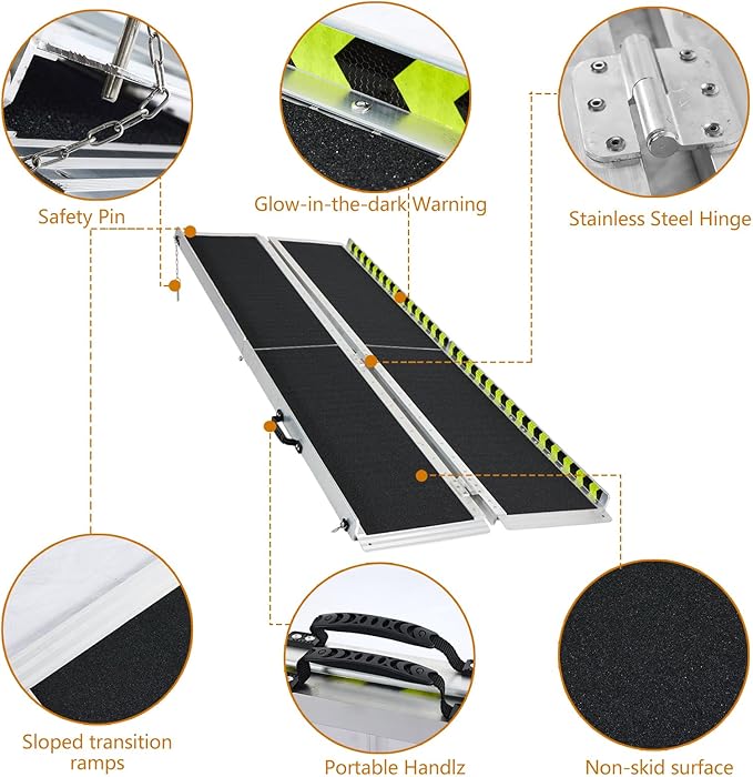 Wheelchair Ramp 7FT, Anti-Slip Aluminum Folding Handicap Portable Ramp, Wheelchair Ramps for Home Steps, Stairs, Doorways, Scooter Ramp