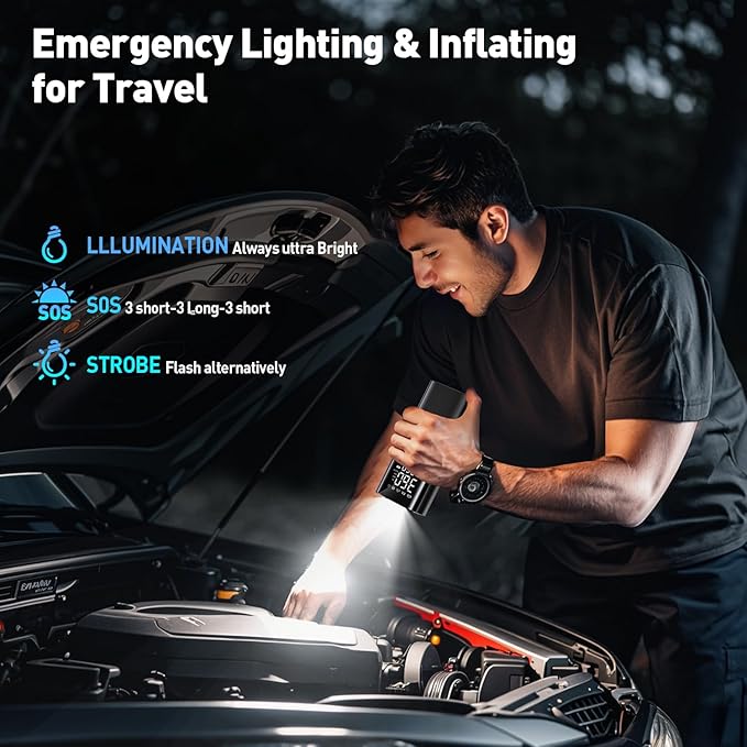 Tire Inflator Portable Air Compressor - Air Pump for Car Tires,Portable for Car with Pressure Gauge,Tire Inflator with LED Light, for Bike,Motorcycle, Balls