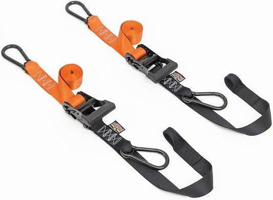 PowerTye 1.5in x 6.5ft Heavy-Duty Special Edition Ratchet Straps with Soft-Tye and Black Carabiner Hooks - 1,000 lb Working Load Limit - Made in USA - Orange/Black (Pair)
