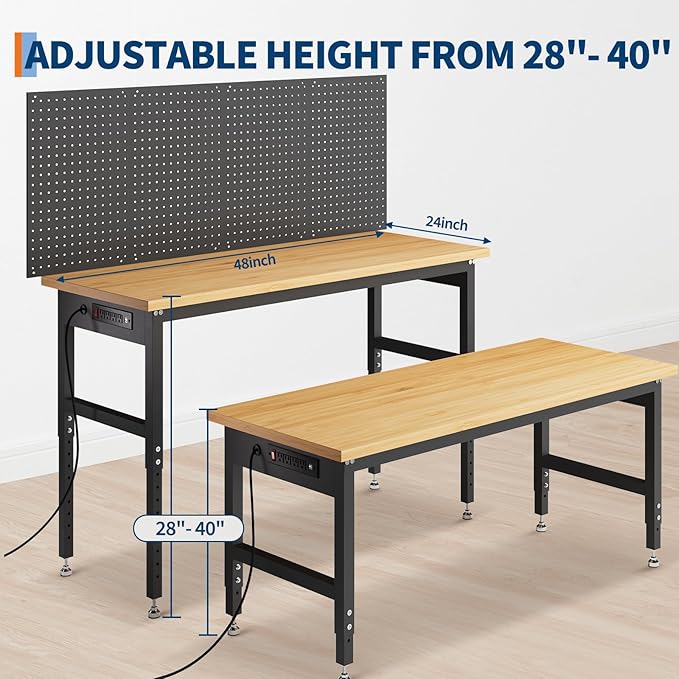 48" Heavy Duty Adjustable Workbench with Pegboard,2000 LBS Capacity, Manual Height 28-40" Garage Work Table for Workshop, Home, Office