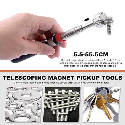 Tanstic 4Pcs Round Magnetic Trays Set with Magnetic Pick Up Tool, 3" 4" 6" Stainless Steel Magnet Trays Tools Parts Tray Holder, Telescoping Pick Up Tool Telescopic Magnet Stick for Metal Parts