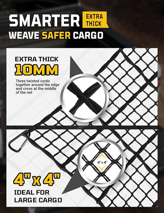 AUTOWN Cargo Net for Pickup Truck Bed - Stretchable 5' x 7' to 10' x 14' with 4" x 4" Mesh, Heavy Duty 10mm Cord Bungee Bed Netting with 12 Metal Carabiners - Ideal for ATV, SUV, UTV and Truck