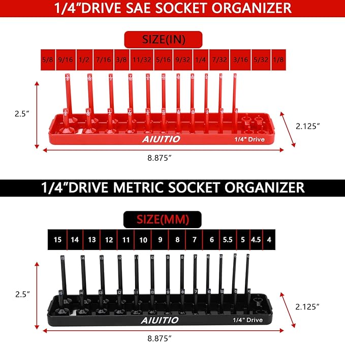 8 Piece Metric & SAE Socket Organizer Tray Set, 1/4-Inch, 3/8-Inch & 1/2-Inch Drive Standard & Deep Socket Holders for Toolboxes, Store 176 Sockets