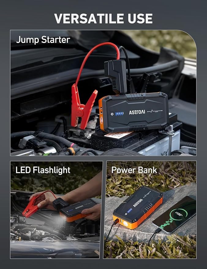 AstroAI S8 Car Battery Jump Starter, Car Jumper Starter Battery Pack for Up to 6.0L Gas & 3.0L Diesel Engines, 12V Portable Jump Box with 3 Modes Flashlight and Jumper Cable (Orange)