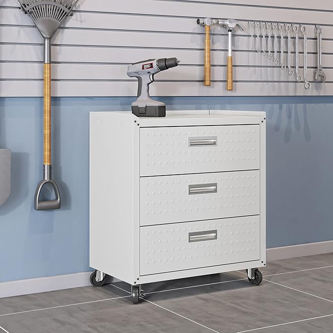 Manhattan Comfort Fortress 31.5-Inch Rolling Garage Tool Chest, 3-Drawer Lockable Mobile Storage Cabinet, Diamond-Textured Steel Utility Organizer with Wheels for Basement, Workshop in White