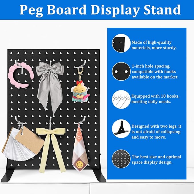 Pegboard Display Stand with 10 Hooks for Craft Shows, Metal Jewelry and Key Ring Retail Display Racks for Selling Accessories, Retail Stores, Vendors & Events, 17 X 13 Inch