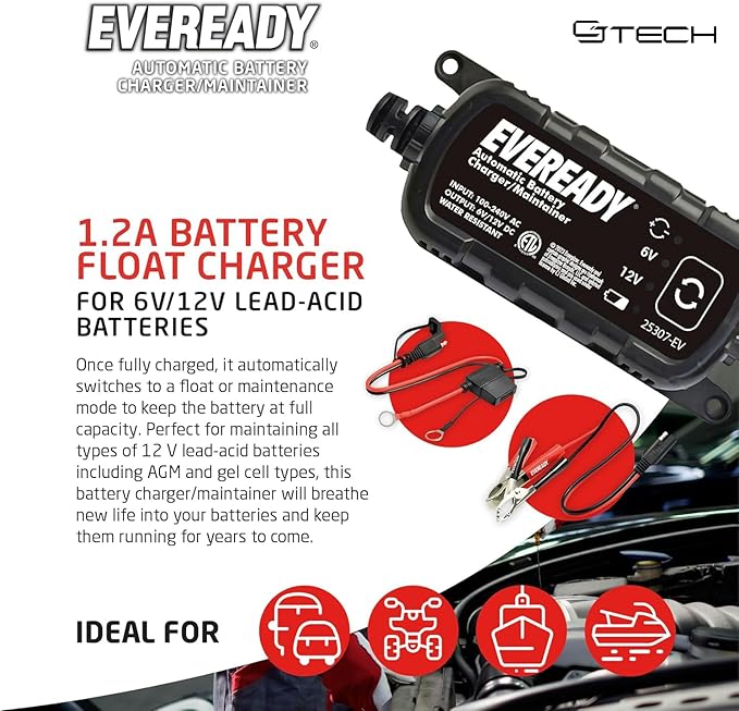 Eveready 1.2A Car Battery Charger – Automatic Float Trickle Charger for Car Battery 12V & 6V Lead Acid, Portable Car Battery Charger and Maintainer with Overcharge & Short-Circuit Protection