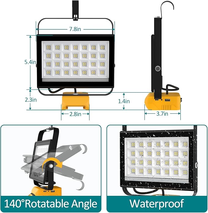 T-SUN 100W LED Work Light, 10000LM Portable Cordless Light Flood Compatible with Dewalt 20V Max Battery (Not Included), 2 USB Charging Ports for Jobsites, Workshops, Emergency, Outdoor