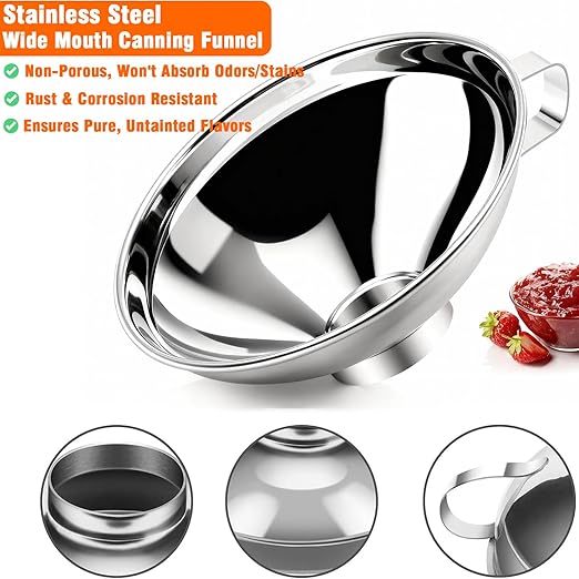 Wide Mouth Canning Funnel, Large Kitchen Funnel for Mason Jars, Canning, Filling Bottles with Oil & Liquid, Dishwasher Safe, Stainless Steel