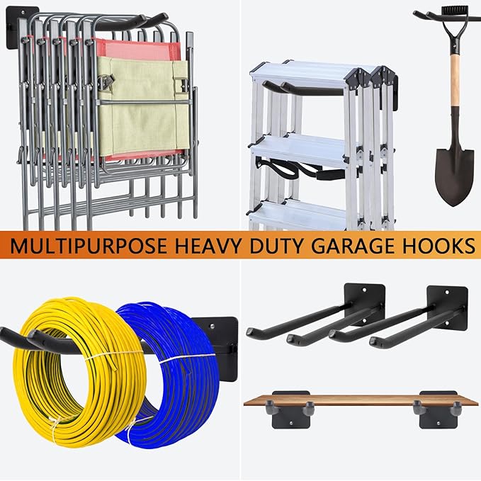 Sinoer Heavy Duty Garage Double Hooks, Utility Steel Garage Hooks,14 Inch Square Tube Double Garage Wall Mounting Hooks for Chairs, Ladders, Ropes and Strollers-(4 Pack