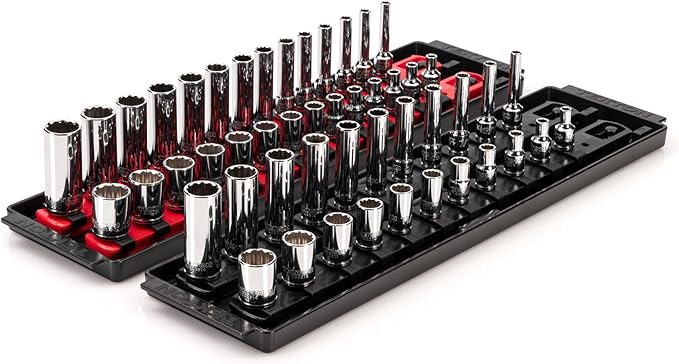 TEKTON 1/4 Inch Drive Shallow and Deep 12-Point Socket Set with Rails and Trays, 50-Piece (5/32-9/16 in., 4-15 mm) | SHD90216