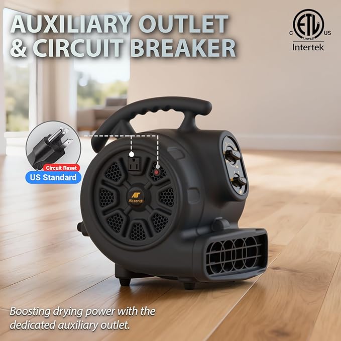 1/4 HP 1100 CFM Industrial Air Mover Blower Fan, High Velocity Floor & Carpet Dryer, 3-Speed Heavy Duty Utility Fan with 3-HR Timer for Water Damage Restoration, ETL Listed - Charcoal Blue