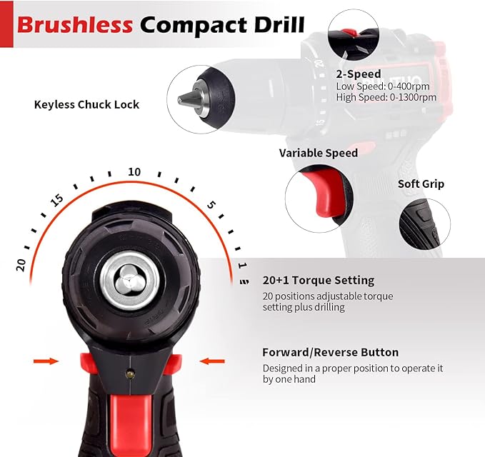 PULITUO Brushless Electric Drill Set,[Brushless Motor],12V Power Drill 310 In-lb Torque, 20+1 Clutch, 3/8" Keyless Chuck,45min Fast Charger, 2 Speed, LED Light for Home and DIY Project