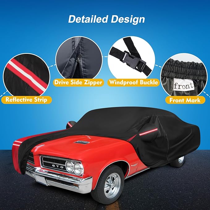 QUNSUNUS Waterproof Car Cover for Pontiac GTO 1964-1974, Outdoor GTO Car Cover with Cotton Lining, All Weather Cover with Straps and Zipper for Wind, Sun, UV and Dust Protection