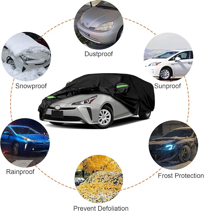 Waterproof Car Cover Replace for 2004-2025 Toyota Prius, 6 Layers All Weather Car Covers with Zipper Door & Windproof Bands for Snow Rain Dust Hail Protection
