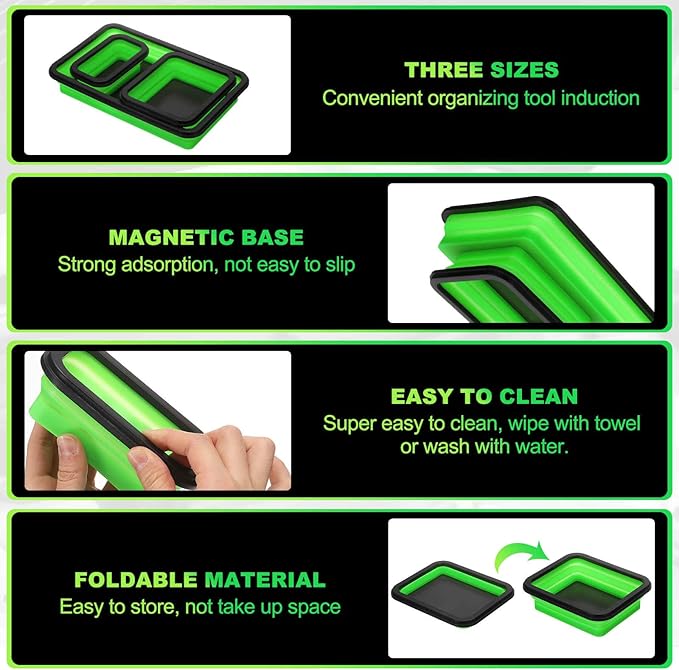 HARFINGTON 3pcs Collapsible Magnetic Parts Tray Set 3 Different Size Foldable Small Metal Parts Tool Tray Rectangle Silicone Bowls for Fixing Screw Bolts Nuts Washers Pins, Green