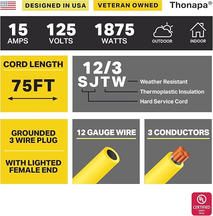 Thonapa Lighted Outdoor Extension Cord 75 ft - 12 Gauge 15 Amp Heavy Duty Power Extension Cords - SJTW - Great for Major Appliances, Power Tools, Garden Supplies - Yellow