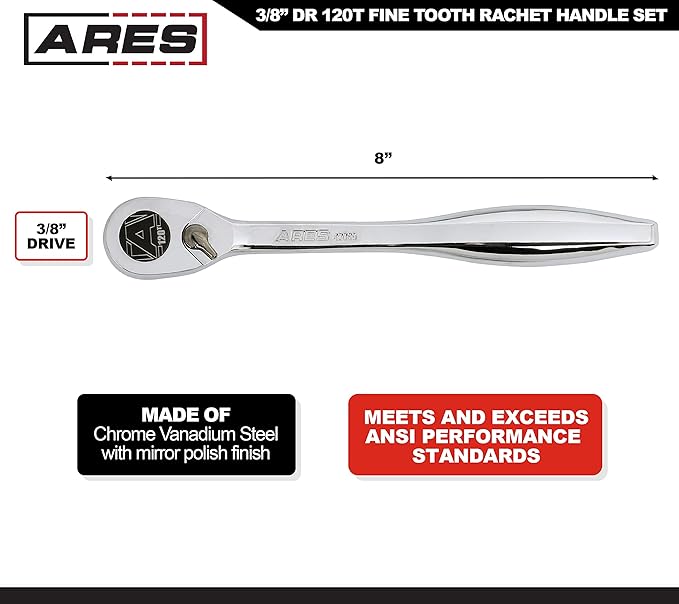 ARES 42069 – 3/8-Inch Drive 120 Tooth Ratchet – 3 Degree Swing Arc - Reversible Ratcheting Mechanism - Ergonomic Handle and Professional Gear Structure